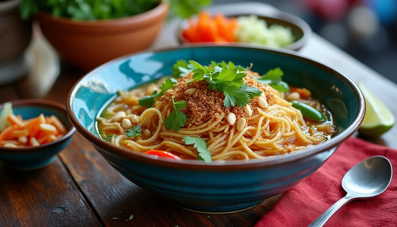 découvrez mi quang, le plat emblématique du centre du vietnam, riche en saveurs authentiques et ingrédients traditionnels pour un voyage culinaire inoubliable.